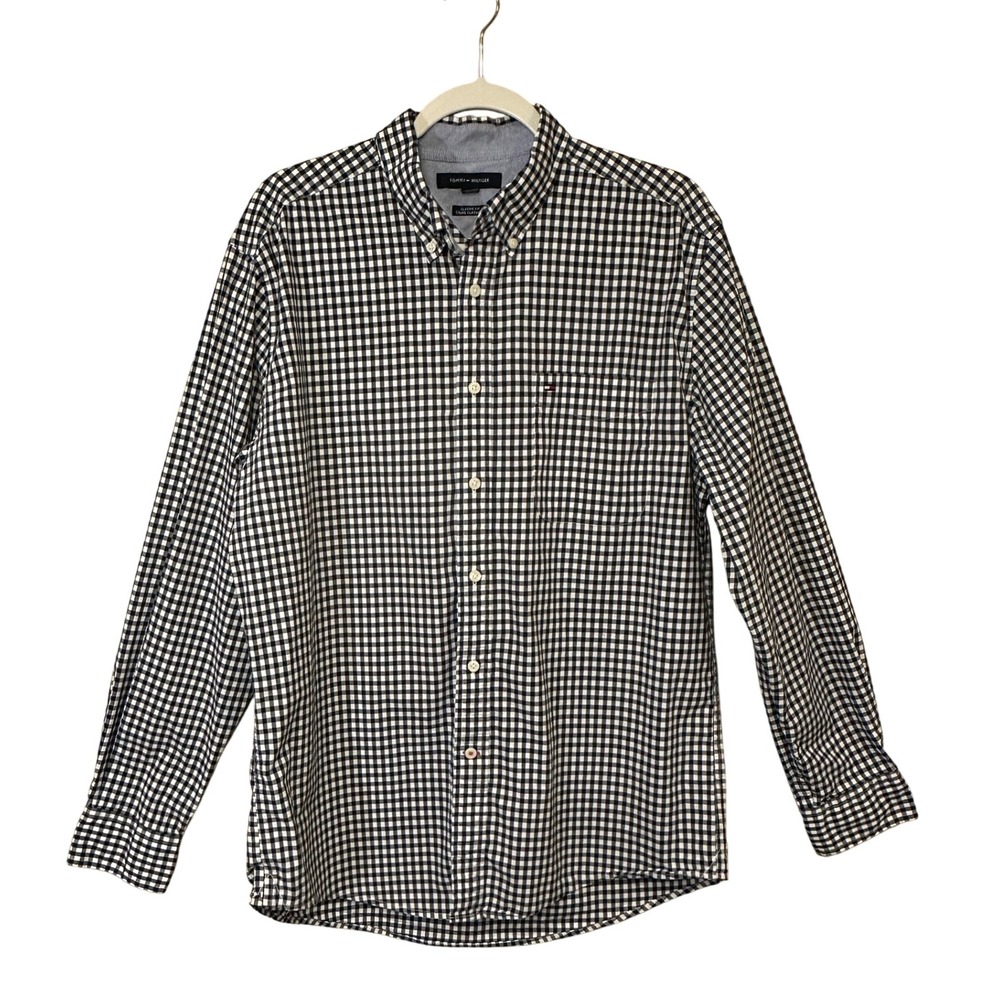 Tommy Hilfiger Womens Button Down Shirt Navy White Large Gingham Preppy Classic